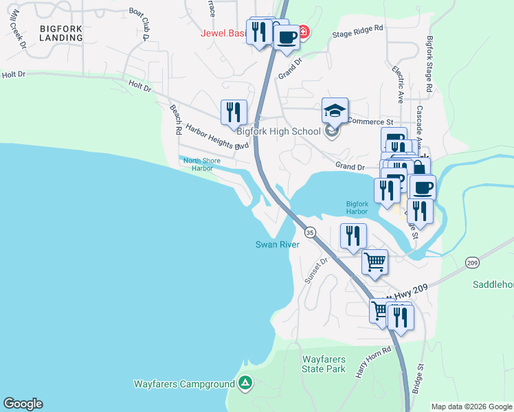 map of restaurants, bars, coffee shops, grocery stores, and more near 8478 Montana Highway 35 in Bigfork