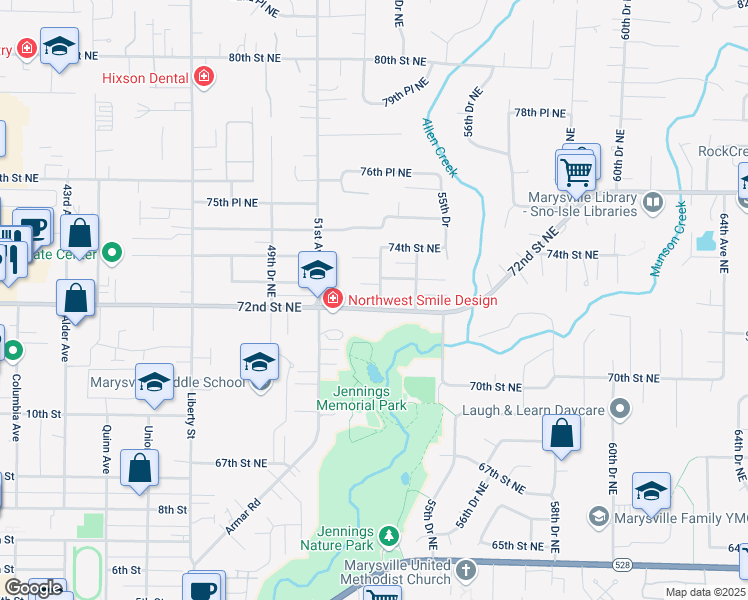 map of restaurants, bars, coffee shops, grocery stores, and more near 7200 53rd Avenue Northeast in Marysville