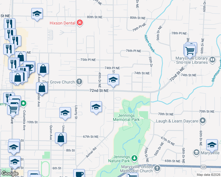 map of restaurants, bars, coffee shops, grocery stores, and more near 5012 72nd Place Northeast in Marysville