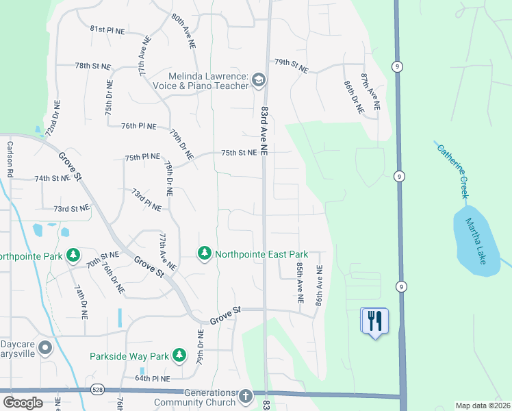 map of restaurants, bars, coffee shops, grocery stores, and more near 8209 72nd Place Northeast in Marysville
