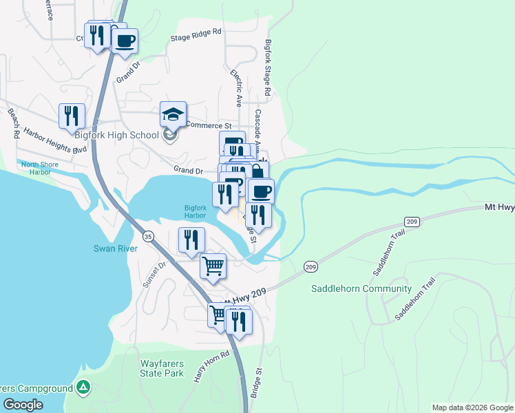 map of restaurants, bars, coffee shops, grocery stores, and more near 191 Mill Street in Bigfork