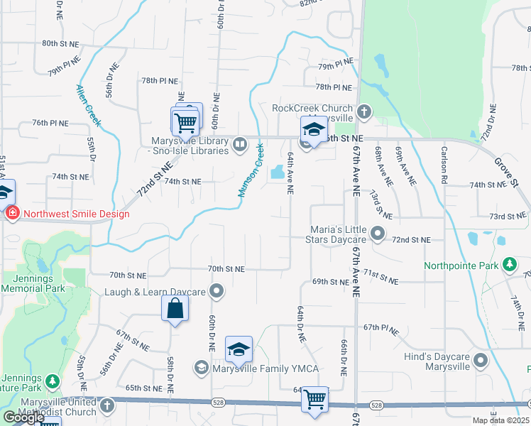 map of restaurants, bars, coffee shops, grocery stores, and more near 6209 72nd Street Northeast in Marysville