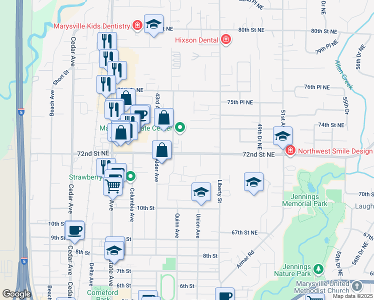 map of restaurants, bars, coffee shops, grocery stores, and more near 1811 Grove Street in Marysville