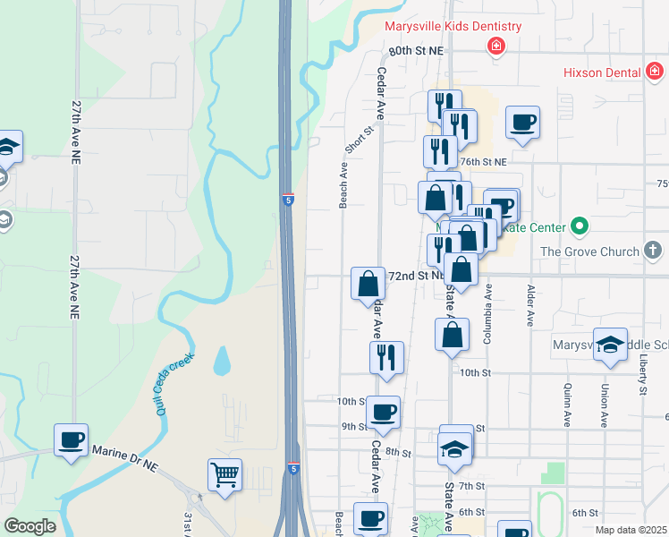 map of restaurants, bars, coffee shops, grocery stores, and more near 1203 Beach Avenue in Marysville