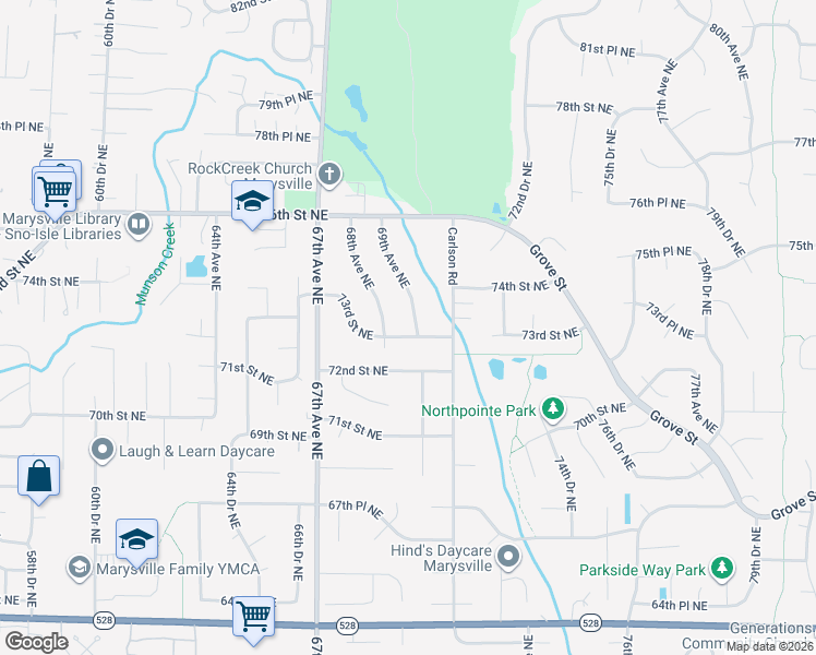 map of restaurants, bars, coffee shops, grocery stores, and more near 7220 69th Avenue Northeast in Marysville