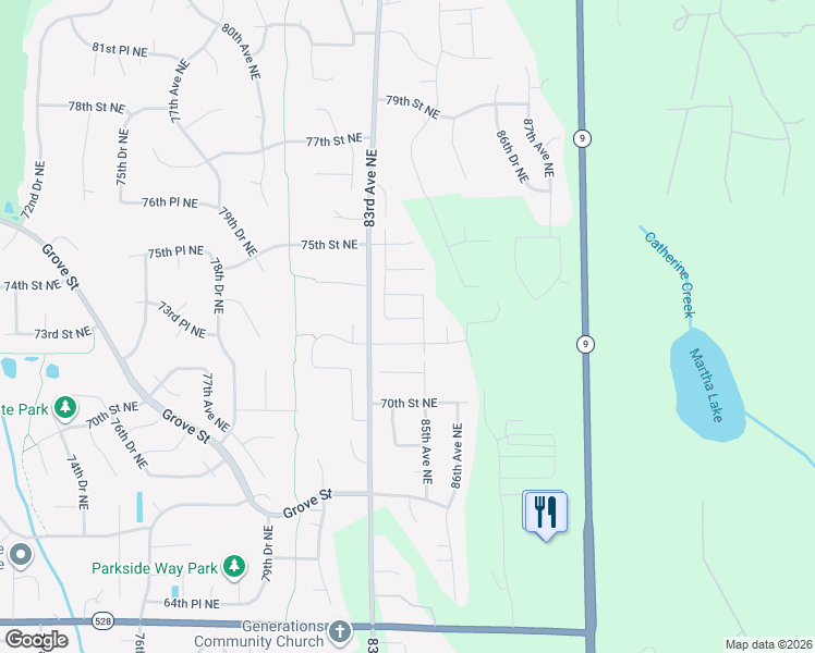 map of restaurants, bars, coffee shops, grocery stores, and more near 8458 73rd Street Northeast in Marysville