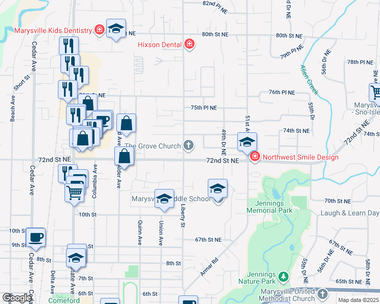 map of restaurants, bars, coffee shops, grocery stores, and more near 4705 Grove Street in Marysville
