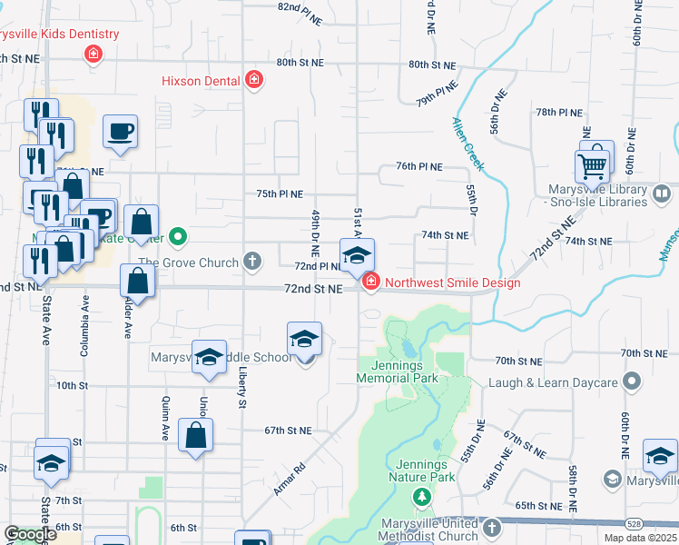 map of restaurants, bars, coffee shops, grocery stores, and more near 5012 72nd Place Northeast in Marysville