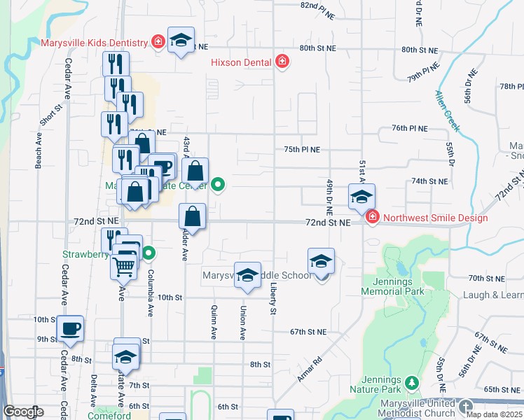 map of restaurants, bars, coffee shops, grocery stores, and more near 1909 Grove Street in Marysville