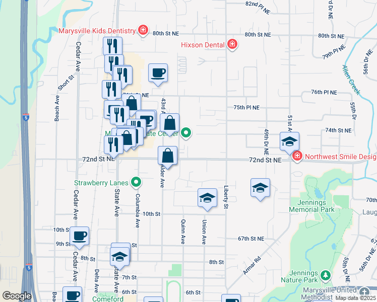 map of restaurants, bars, coffee shops, grocery stores, and more near 1811 Grove Street in Marysville