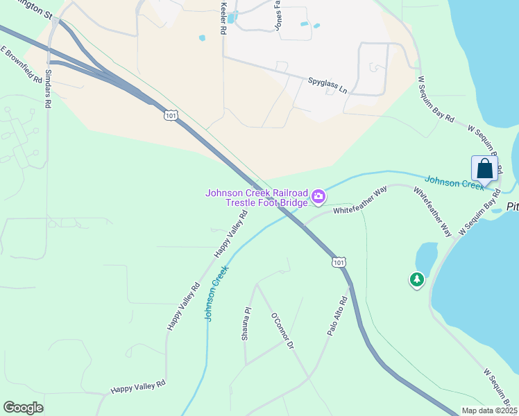map of restaurants, bars, coffee shops, grocery stores, and more near 95 Happy Valley Road in Sequim
