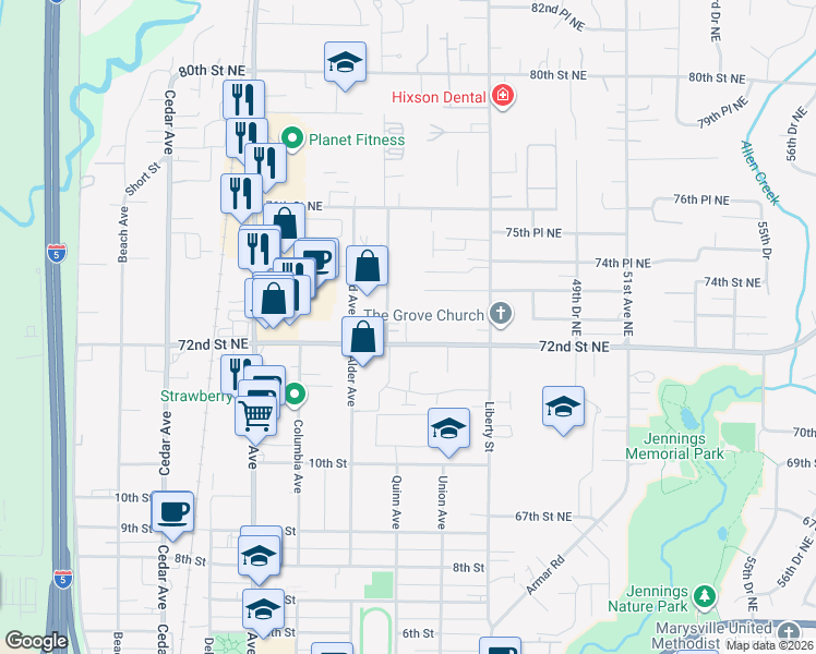 map of restaurants, bars, coffee shops, grocery stores, and more near 1807 Grove Street in Marysville