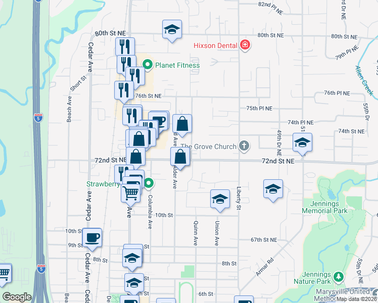 map of restaurants, bars, coffee shops, grocery stores, and more near 1717 Grove Street in Marysville