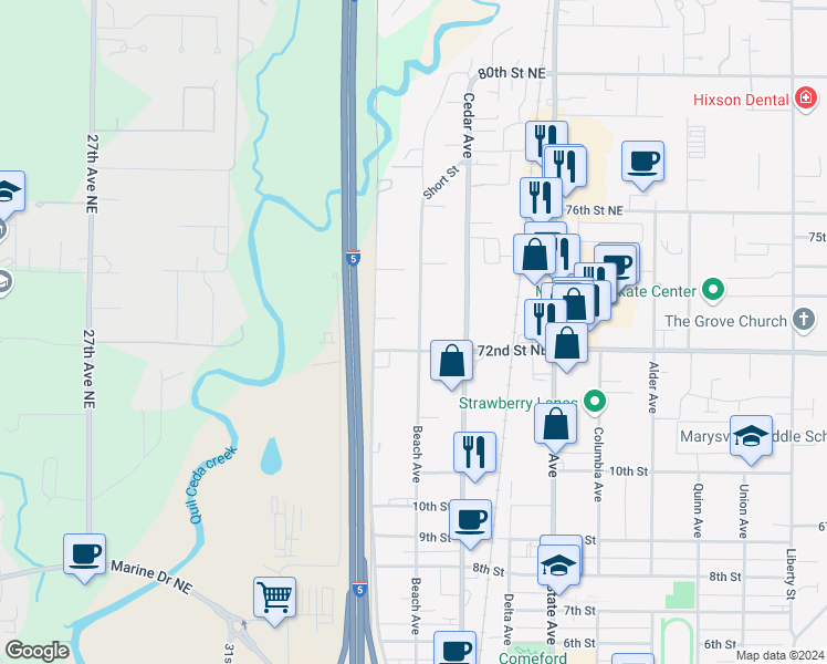 map of restaurants, bars, coffee shops, grocery stores, and more near 1207 Beach Avenue in Marysville