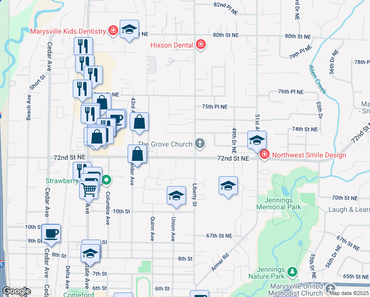 map of restaurants, bars, coffee shops, grocery stores, and more near 7218 47th Avenue Northeast in Marysville