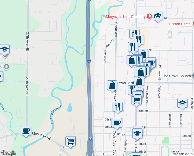 map of restaurants, bars, coffee shops, grocery stores, and more near 1106 Ash Avenue in Marysville