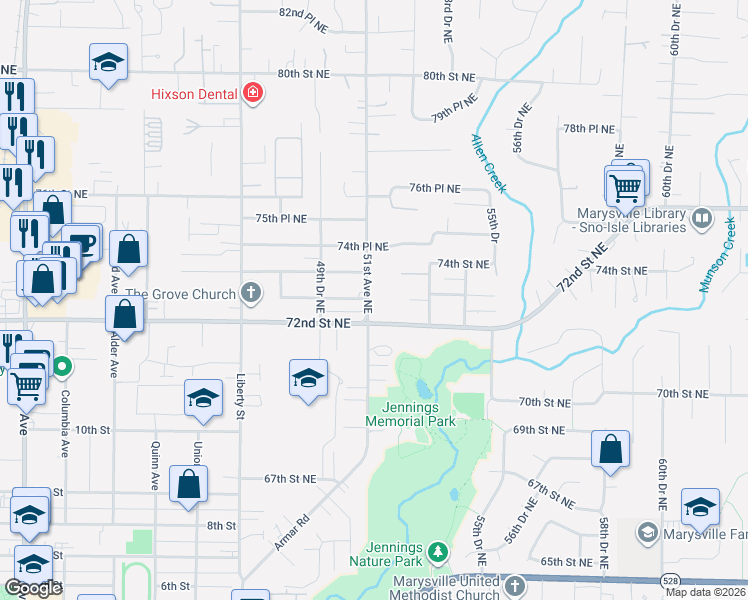 map of restaurants, bars, coffee shops, grocery stores, and more near 7215 51st Avenue Northeast in Marysville