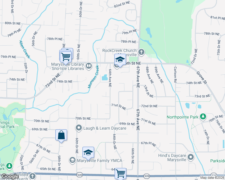 map of restaurants, bars, coffee shops, grocery stores, and more near 7212 64th Avenue Northeast in Marysville