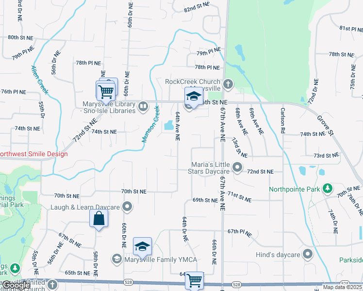 map of restaurants, bars, coffee shops, grocery stores, and more near 7305 64th Avenue Northeast in Marysville