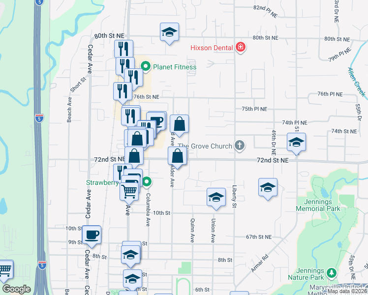 map of restaurants, bars, coffee shops, grocery stores, and more near 1717 Grove Street in Marysville