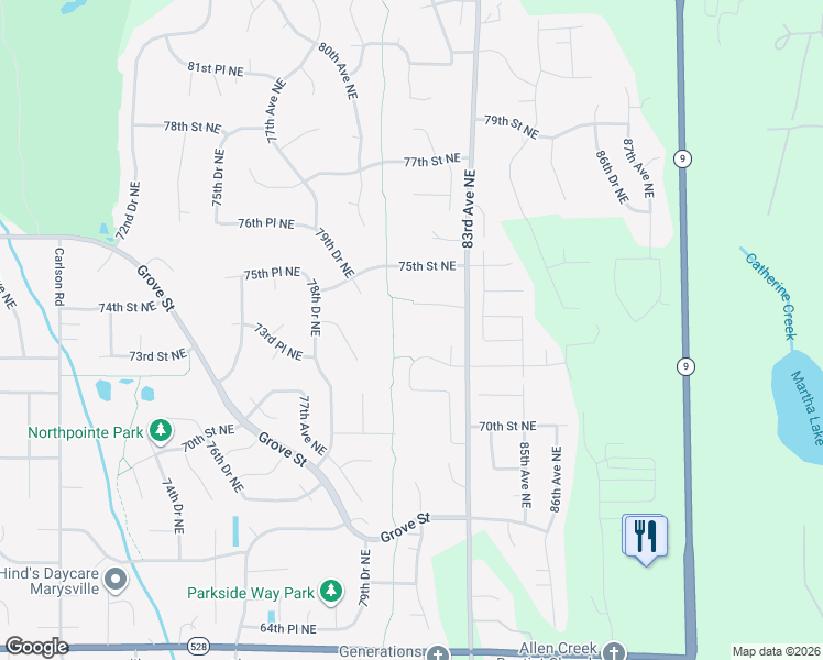 map of restaurants, bars, coffee shops, grocery stores, and more near 8113 73rd Place Northeast in Marysville
