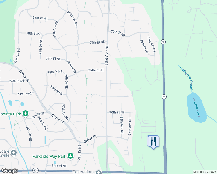 map of restaurants, bars, coffee shops, grocery stores, and more near 7324 83rd Drive Northeast in Marysville