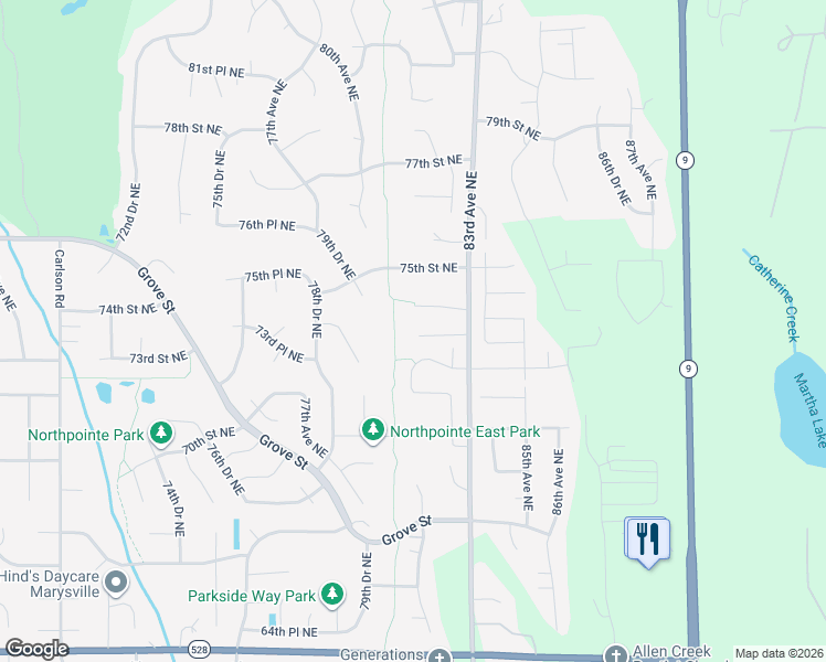 map of restaurants, bars, coffee shops, grocery stores, and more near 8101 72nd Place Northeast in Marysville