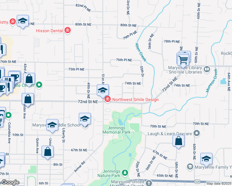 map of restaurants, bars, coffee shops, grocery stores, and more near 7200 53rd Avenue Northeast in Marysville