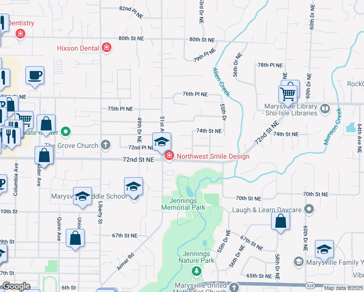 map of restaurants, bars, coffee shops, grocery stores, and more near 7200 53rd Avenue Northeast in Marysville