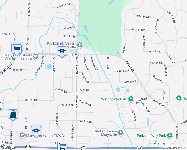 map of restaurants, bars, coffee shops, grocery stores, and more near 7220 69th Avenue Northeast in Marysville