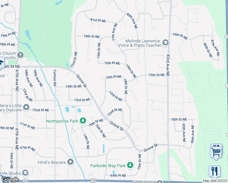 map of restaurants, bars, coffee shops, grocery stores, and more near 7301 77th Drive Northeast in Marysville
