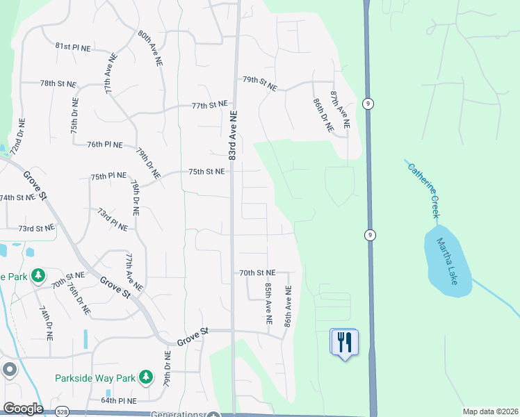 map of restaurants, bars, coffee shops, grocery stores, and more near 8458 73rd Street Northeast in Marysville
