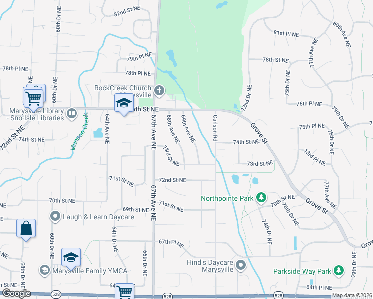 map of restaurants, bars, coffee shops, grocery stores, and more near 7220 69th Avenue Northeast in Marysville