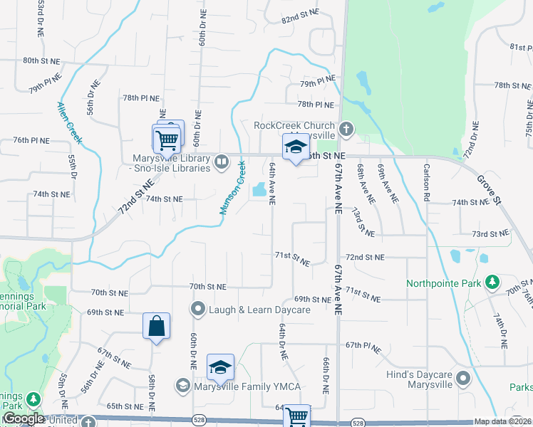 map of restaurants, bars, coffee shops, grocery stores, and more near 7212 64th Avenue Northeast in Marysville