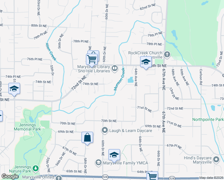 map of restaurants, bars, coffee shops, grocery stores, and more near 7127 61st Drive Northeast in Marysville