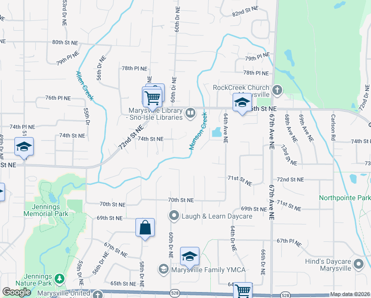 map of restaurants, bars, coffee shops, grocery stores, and more near 7127 61st Drive Northeast in Marysville