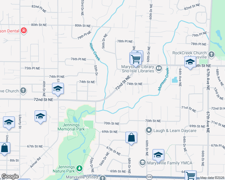 map of restaurants, bars, coffee shops, grocery stores, and more near 5707 72nd Street Northeast in Marysville