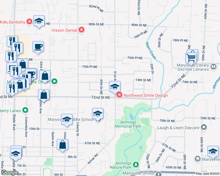 map of restaurants, bars, coffee shops, grocery stores, and more near 5012 72nd Place Northeast in Marysville