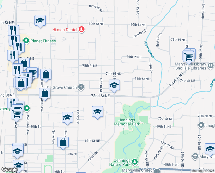 map of restaurants, bars, coffee shops, grocery stores, and more near 5005 Grove Street in Marysville