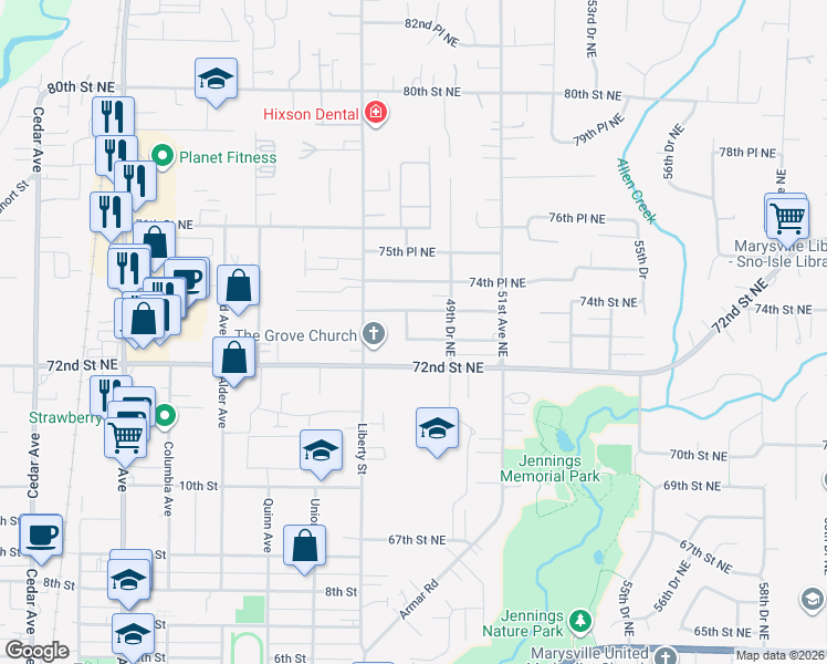 map of restaurants, bars, coffee shops, grocery stores, and more near in Marysville