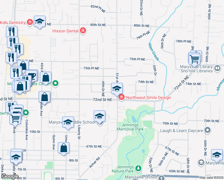 map of restaurants, bars, coffee shops, grocery stores, and more near 5012 72nd Place Northeast in Marysville