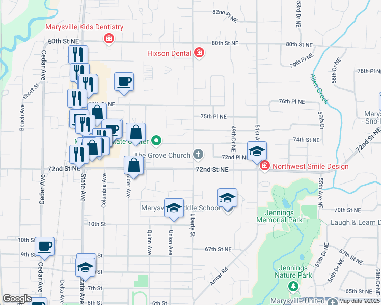 map of restaurants, bars, coffee shops, grocery stores, and more near 7234 47th Avenue Northeast in Marysville