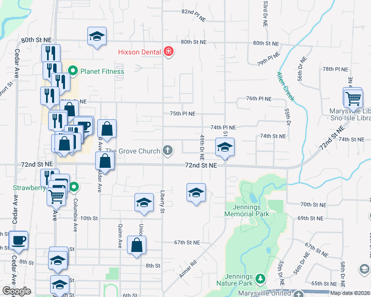 map of restaurants, bars, coffee shops, grocery stores, and more near 7201 48th Drive Northeast in Marysville