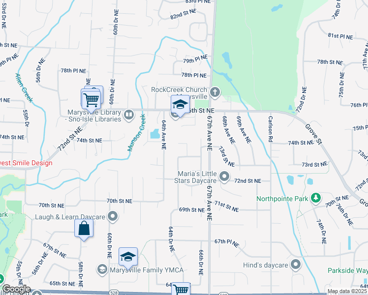 map of restaurants, bars, coffee shops, grocery stores, and more near 7312 66th Drive Northeast in Marysville