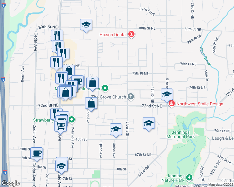 map of restaurants, bars, coffee shops, grocery stores, and more near 4518 73rd Place Northeast in Marysville