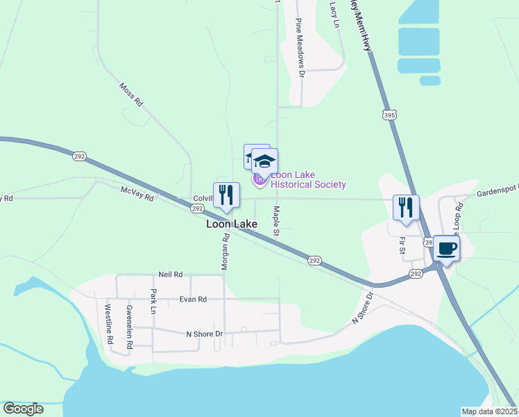 map of restaurants, bars, coffee shops, grocery stores, and more near 3994 Pine Street in Loon Lake