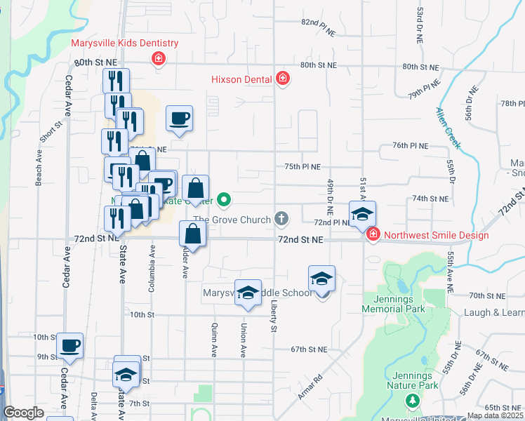 map of restaurants, bars, coffee shops, grocery stores, and more near 4517 73rd Place Northeast in Marysville