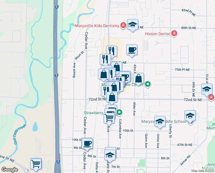 map of restaurants, bars, coffee shops, grocery stores, and more near 1234 40th Avenue Northeast in Marysville