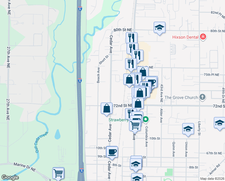 map of restaurants, bars, coffee shops, grocery stores, and more near 1248 Cedar Avenue in Marysville