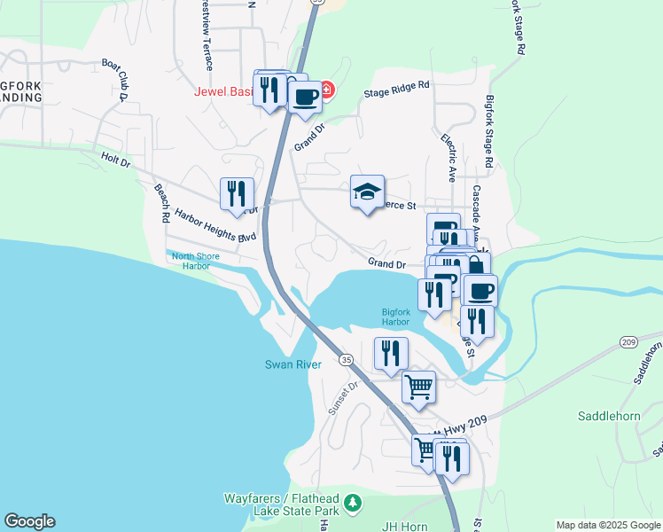 map of restaurants, bars, coffee shops, grocery stores, and more near 660 Grand Drive in Bigfork